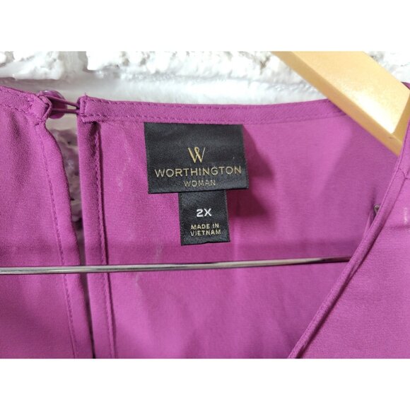 Worthington Women Top 2X Plus Asymmetric Sleeve Purple Tie Hem Keyhole PUR62E - Picture 7 of 9